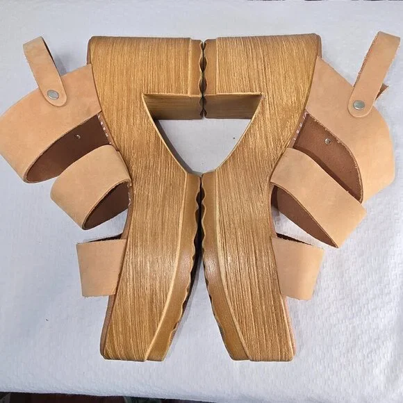 ROOLEE MUSSE AND CLOUD CHUNKY PLATFORM TAN LEATHER WOOD SANDALS WOMENS SIZE 7 - Picture 2 of 9